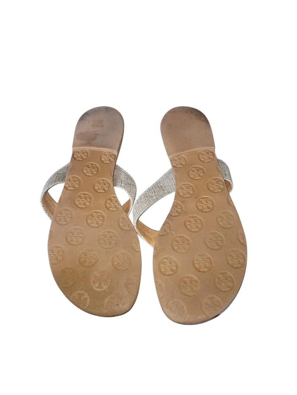 Tory Burch Thora  Metallic Silver Straps Leather W/Gold Logo Thong Sandals 8M